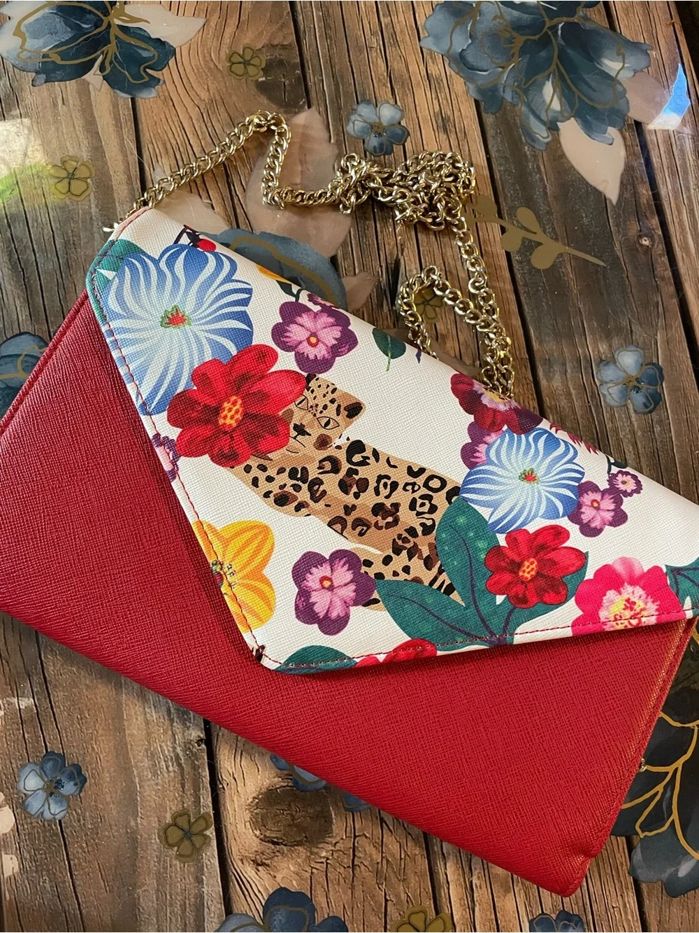 Floral Leopard Red Envelope Crossbody Bag